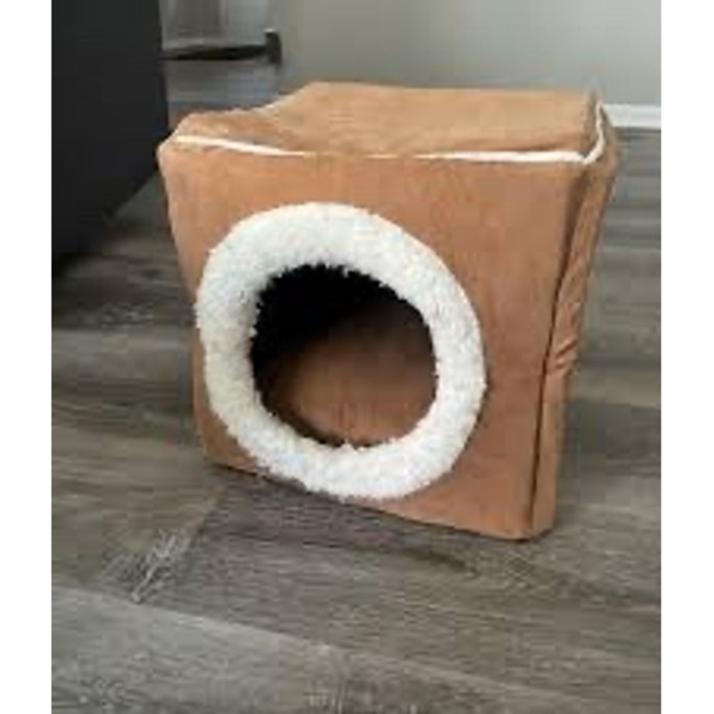 Tan Faux Suede Cube Pet Bed Sherpa Lined Collapsible Cat Dog House Hideaway